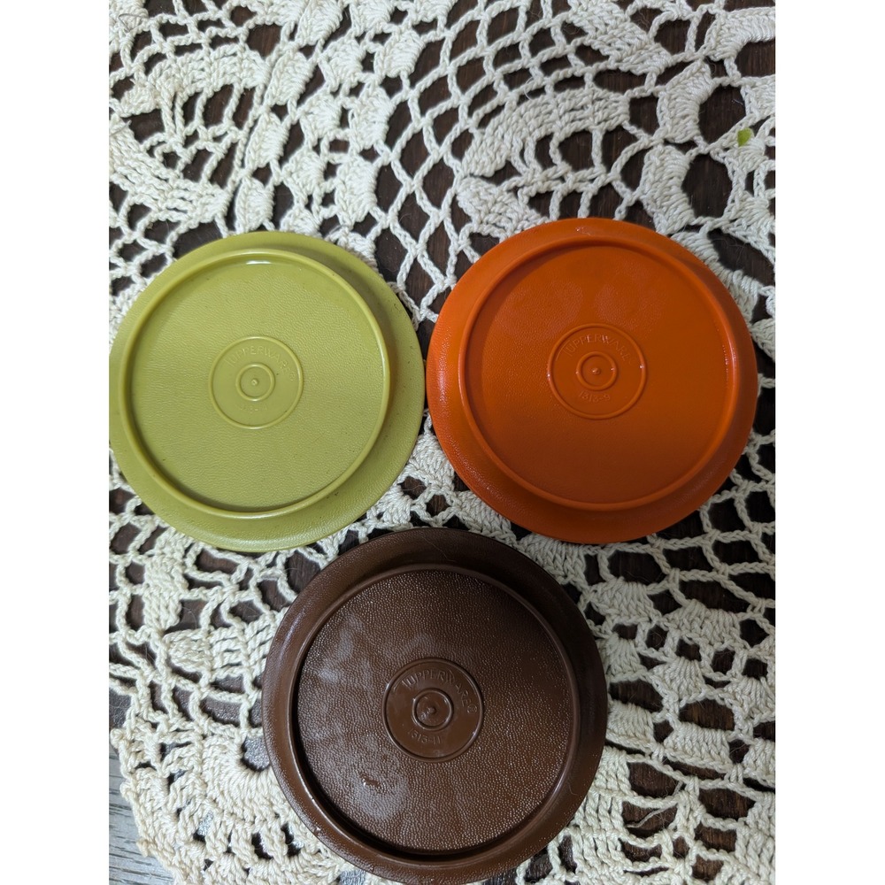 Tupperware 1313- replacement Lids Set of 3 Green Orange Brown Vintage 70s